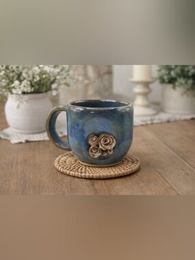 Handmade Pottery Mug Blue Glaze Floral Relief Signed MA Artisan Mug